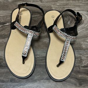 Ashley Blue Women's T-Strap Rhinestone Gladiator Flat Sandal Slippers Size 6